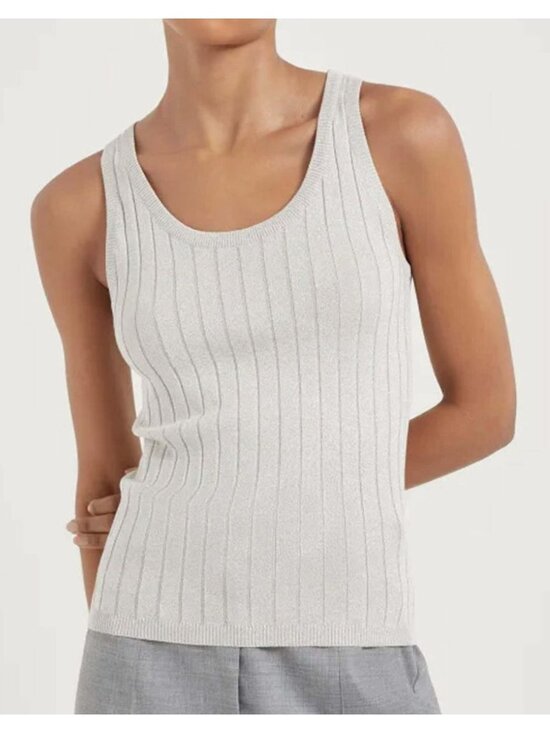 Brunello Cucinelli Tops - BRUNELLO CUCINELLI Silk Lurex Metallic Grey Wide Rib Scoop Neck Tank Top XS
